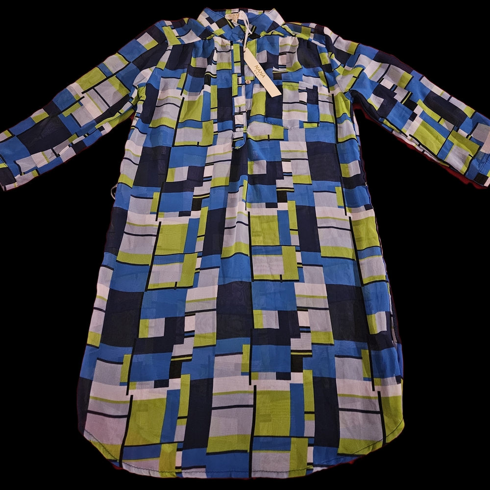 Stylish Geometric Pattern Blouse - Sheer Blue and Green
